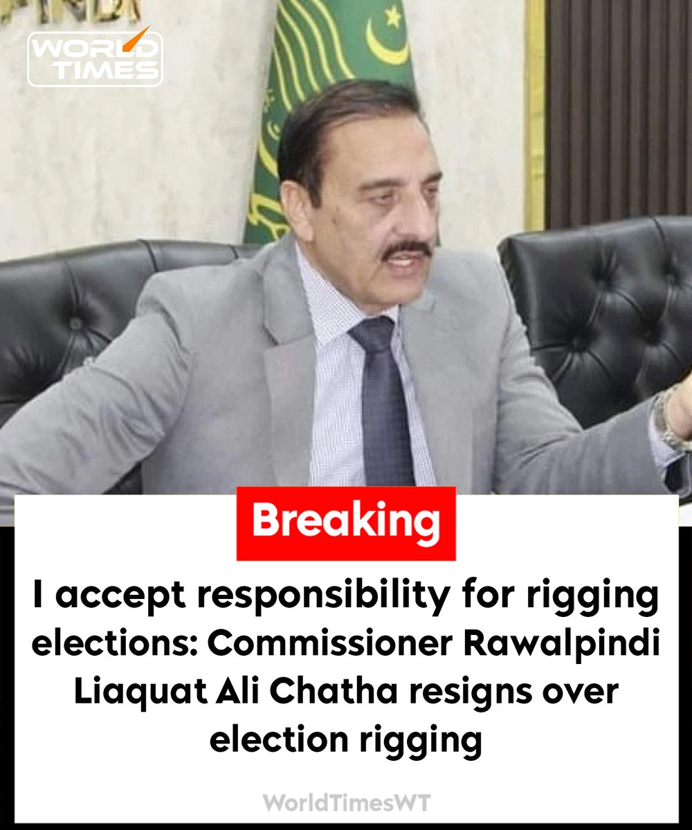 BREAKING: In a shocking statement, Commissioner Rawalpindi Liaqat Ali Chatha said that “I accept responsibility for rigging election 2024”.

#Pakistan #elections2024