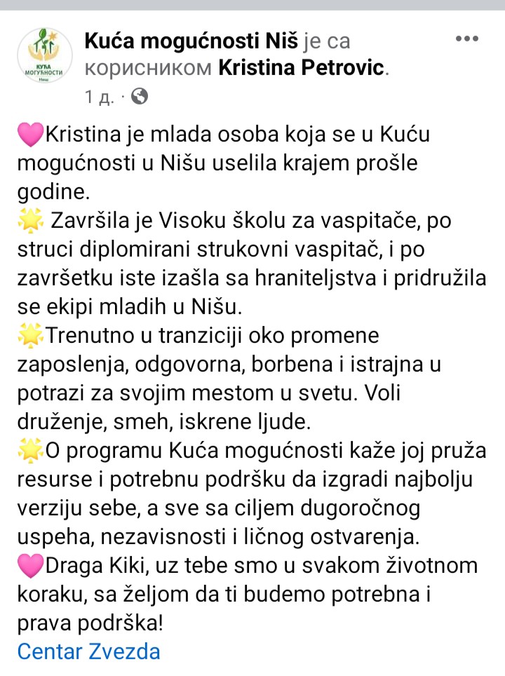 centar_zvezda's tweet photo. 🩷 O Kristini 👇🏼
.
.
.
#centarzvezda #kućamogućnosti #kucamogucnostinis #houseofopportunity #supportfororphans #careleavers #careleaving #transitionhomes #podrškamladima #mladiuosamostaljivanju https://t.co/z3Be09Gm07
