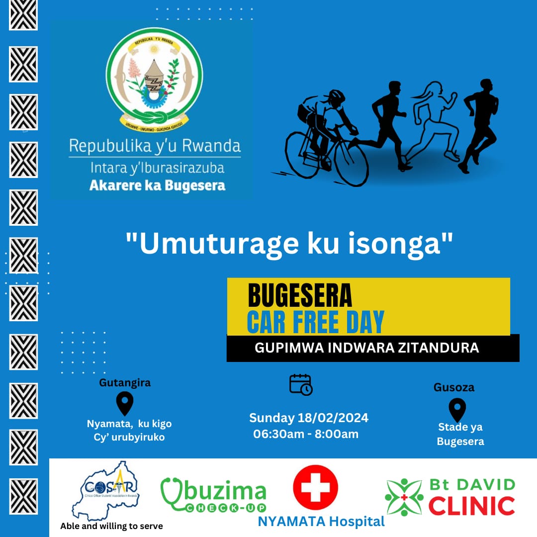 Get healthy and active at car free free day tomorrow in @BugeseraDistr! Free NCDs screening tomorrow. Don't miss your chance to know your health! Early detection saves lives! @UbuzimaCheckup @NyamataHospital @btdavidclinic @RBCRwanda @lifesten_health @UCmhs @RemeraMHC