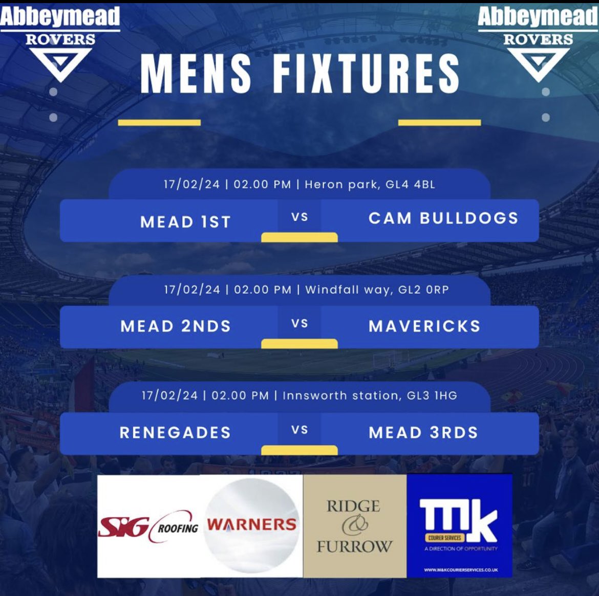 Todays fixtures Firsts host @CamBulldogsFC in the County Cup Semi finals on Heron park Reserves also host @mavericks_FC22 in the League Cup quarter finals at Windfall Way 3rds travel to higher league opposition in the @Stroud_League Bowl All support today hugely appreciated