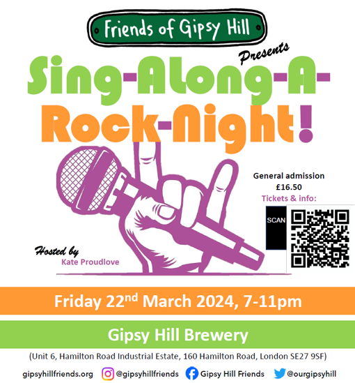 Come and join us at the Friends of Gipsy Hill, Sing-along-a Rock Night to shake off the winter blues and to get ready for the spring!!
buytickets.at/friendsofgipsy…
Bring your friends, neighbours and family for an evening of rock songs and games @ghbc_taproom 
#gipsyhill
#lovegipsyhill
