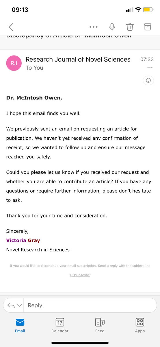 Another request from the Journal of Novel Sciences🙈asking me to submit a paper. No thanks especially as you can’t get my name right 😂