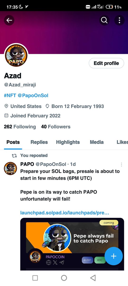 Azad_miraji's tweet photo. @PapoOnSol Experience the $Papo phenomenon! With skyrocketing growth and a passionate community, $Papo is the meme coin to watch. Get involved now and ride the wave of success! 🚀 https://t.co/Utua8LIjIy
