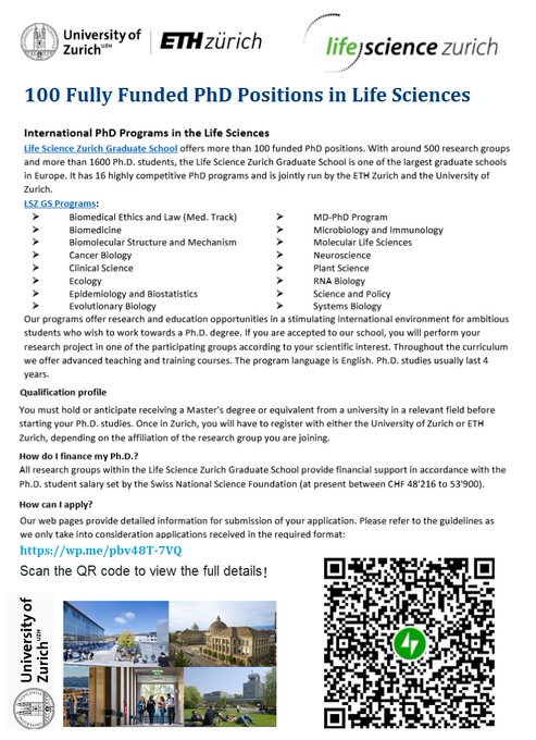 📌 100 Fully Funded PhD Positions in Life Sciences at University of Zurich in Switzerland🇨🇭... Please share and spread the word! For details visit: wp.me/pbv48T-7VQ #agristok