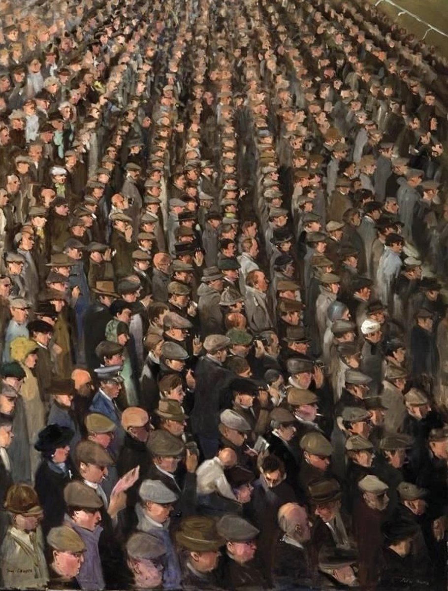 A vision of racegoers somewhat at odds with the more colourful, well-oiled crowds encountered on those poorly planned train journeys of today  🍻🥂🐎👠

Race Day Crowd (Oil on Canvas) by Peter Knox (b. 1942)