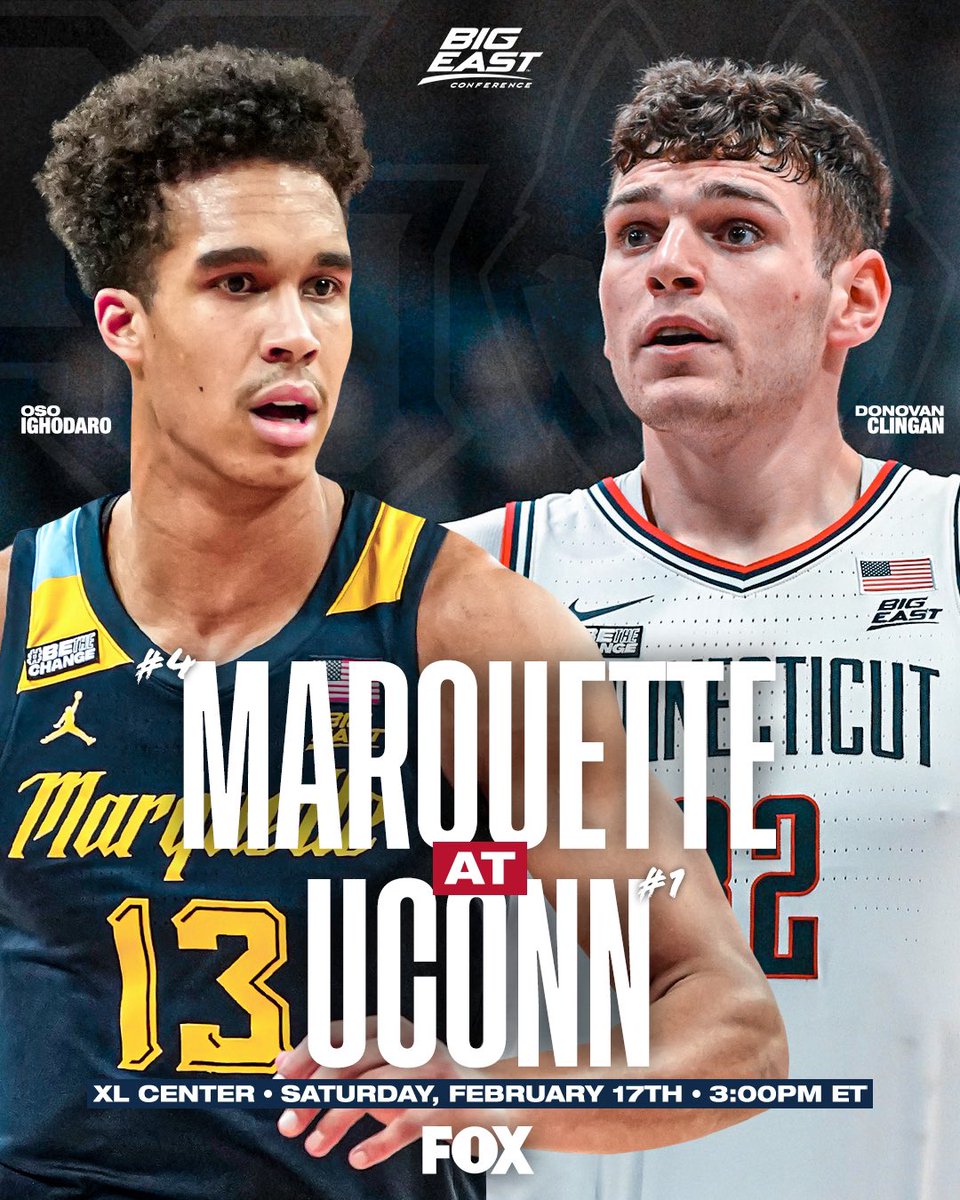 BIGEASTMBB's tweet photo. GAME DAY!

🏀: @MarquetteMBB 🆚 @UConnMBB 
📍: @XLCenter 
🕒: 3:00 p.m. ET
📺: FOX @CBBonFOX https://t.co/lBnQXkXJaX
