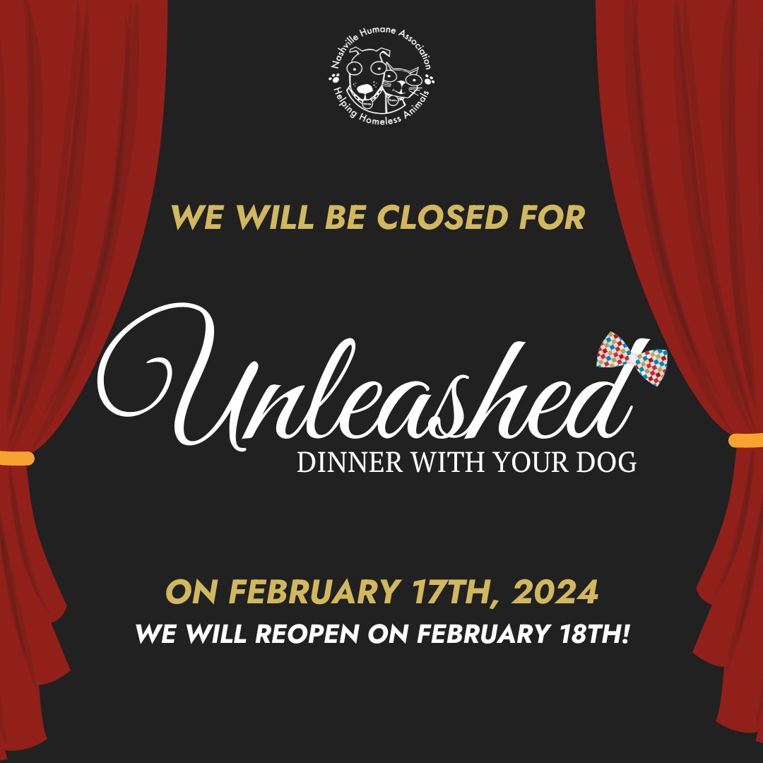 Friendly reminder will be closed today for the 15th annual Unleashed: Dinner With Your Dog!✨ We will reopen tomorrow at 10:00 AM with an adoption floor of adorable faces ready to meet you! You can browse all our available animals on our website!🐶🐱