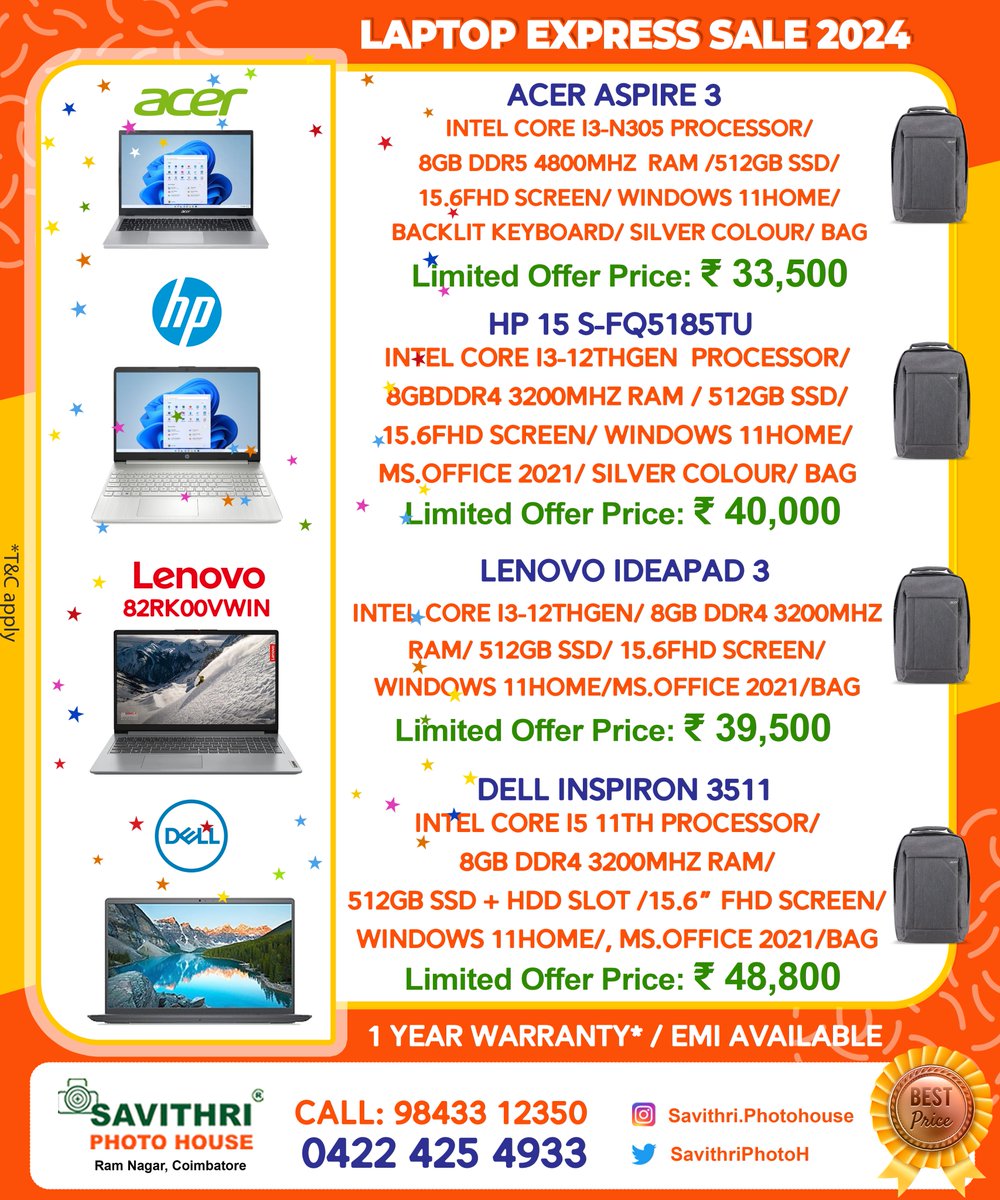 SavithriPhotoH's tweet image. Kind Attention: Express Laptop Sale &amp;amp; Refurbished Laptop sale in #coimbatore from #savithriphotohouse #camerastore #computerstore in Coimbatore