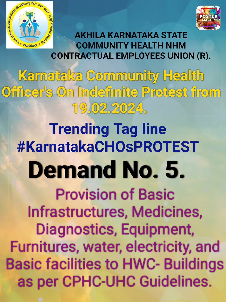 #KarnatakaCHOsPROTEST
                   Breaking News
Karnataka Community Health Officer's plan Indefinite Protest From 19/02/2024 to fulfill  CHOs Rightful Demands .
<a href="/PMOIndia/">PMO India</a> <a href="/mansukhmandviya/">Dr Mansukh Mandaviya</a> <a href="/CMofKarnataka/">CM of Karnataka</a> <a href="/dineshgrao/">Dinesh Gundu Rao/ದಿನೇಶ್ ಗುಂಡೂರಾವ್</a> <a href="/DHFWKA/">Karnataka Health Department</a> <a href="/Comm_dhfwka/">Commissioner, Health, GoK</a> <a href="/DKShivakumar/">DK Shivakumar</a> <a href="/MoHFW_INDIA/">Ministry of Health</a>
<a href="/mdnhmkar/">MISSION DIRECTOR NHM</a>
