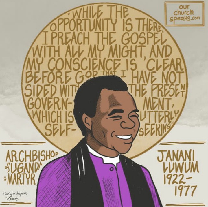 Today we remember Archbishop Janani Luwum (1922- 17 Feb 1977).  
Archbishop Luwum was a strong critic of the violence brought about by Idi Amin and his regime.  He was arrested and eventually killed for his outspokeness.   

Art by @ourchurchspeaks