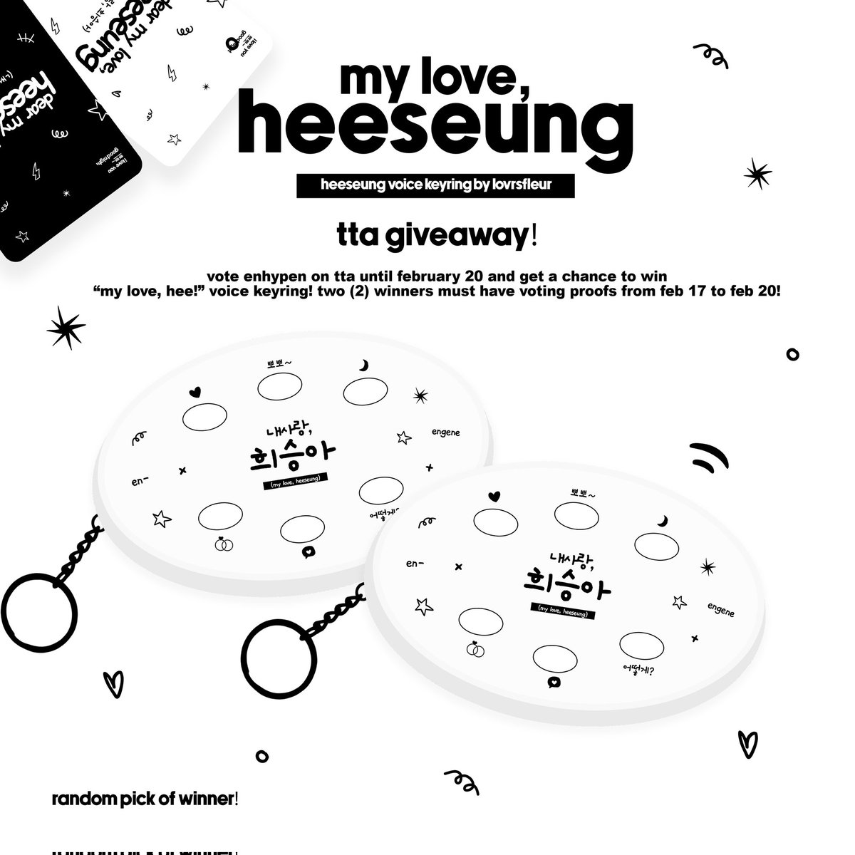 ׂ⁠     ֪   my love, hee! – tta giveaway ୨୧  
two (2) winners of heeseung voice keyring !

how to join?
` like &amp; rt
` vote enhypen on tta (02/17~02/20)
🔗: tta.musicawards.co.kr/vote-final
` reply proofs of voting
note: must show date, name, &amp; timestamp

will draw on feb 20, good luck ♡