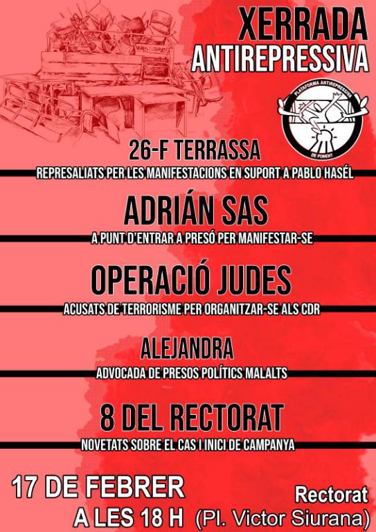 🔥 Avui, us esperem a les 18h al Rectorat de Lleida ❗ ✊ Pel Pablo, per l'Adrian Sas, l'Operació Judes, per tots i totes les represaliades i per l'Amnistia TOTAL. 💥 T'ho perdràs ❓ 📢 MÀXIMA DIFUSIÓ