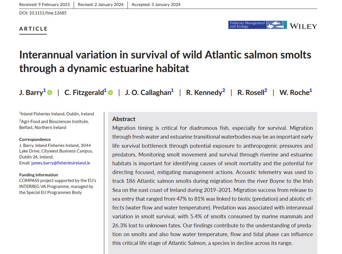 New publication looking a #salmon #smolt mortality during estuarine migration @AFBI_NI @jbarry_fish - River Boyne