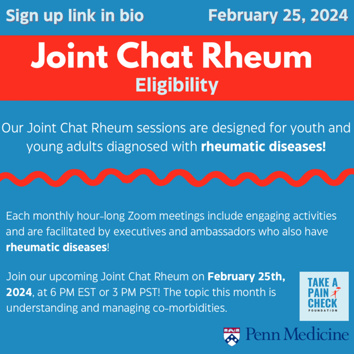 Take a Pain Check launched the Joint Chat Rheum program with the goal of connecting children and young people with rheumatic diseases.

Sign up for our first session Sunday Feb 25th at 6pm EST/3pm PST!

#takeapaincheck #rheumaticdiseases #awareness #disease #community  #youth