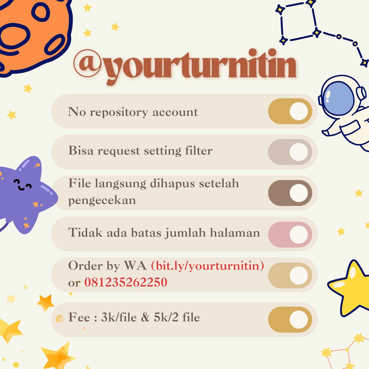 yourturnitin's tweet photo. [[Jasa Cek Plagiasi Turnitin]]

💸 3k/file
💸 5k/2 file

🌱No Repository Account
🌱Proses cepat
🌱File langsung dihapus dari penyimpanan setelah proses pengecekan selesai
🌱Bisa request setting

Hubungi kami melalui https://t.co/sX4ZAONL66 https://t.co/wW8VI5xurW