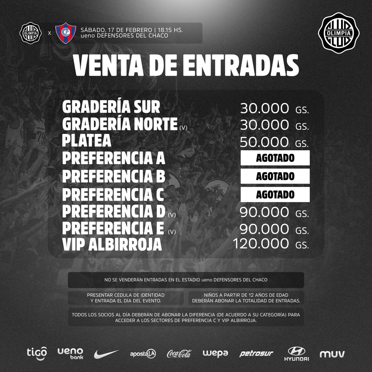 ¡𝐓𝐎𝐃𝐎𝐒 𝐉𝐔𝐍𝐓𝐎𝐒! ⚔️

Juega #Olimpia, a copar el Estadio ueno Defensores del Chaco.

📍 Venta física en Para Uno y en locales habilitados de RED UTS.
📎 Online: zurl.co/fwDw

#SoyDelOlimpia ⚪️⚫️⚪️
