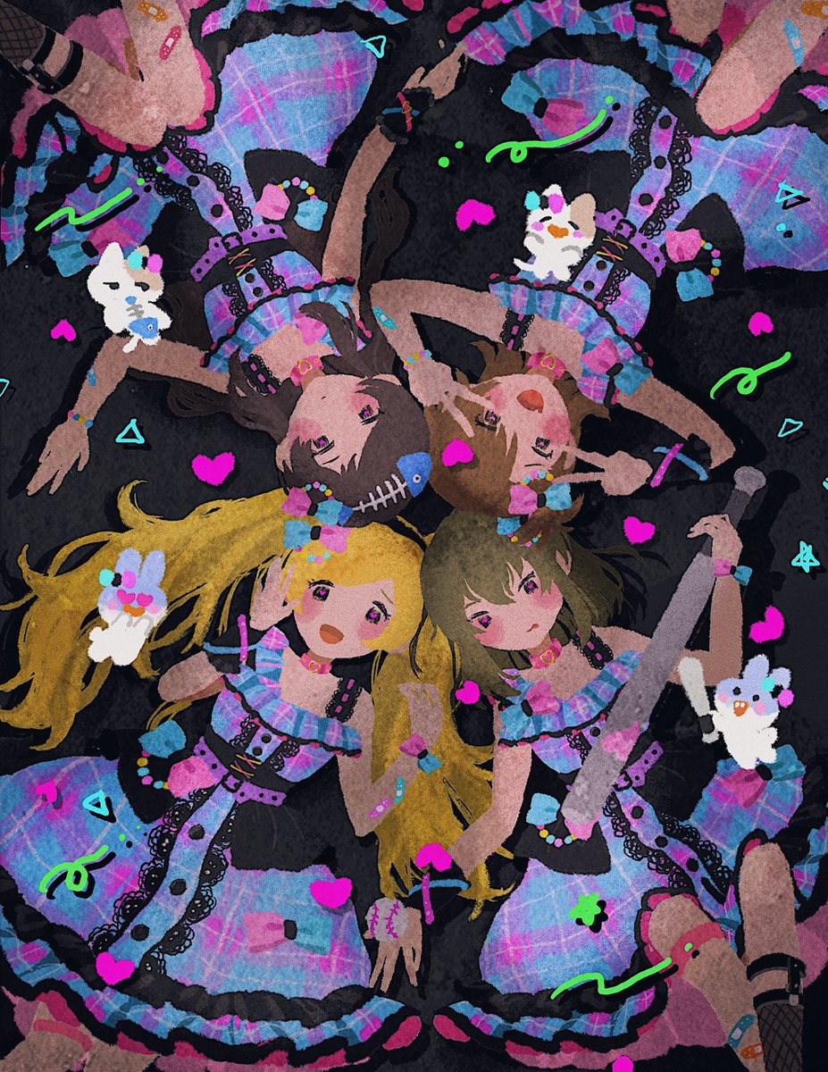 multiple girls blonde hair dress 4girls long hair brown hair v  illustration images