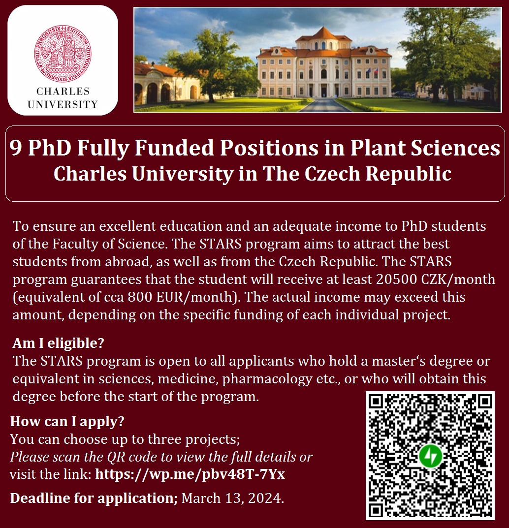 📌 9 PhD Fully Funded Positions in Plant Sciences 🌱🧬 at Charles University in the Czech Republic 🇨🇿... Please share and spread the word! For details visit: wp.me/pbv48T-7Yx