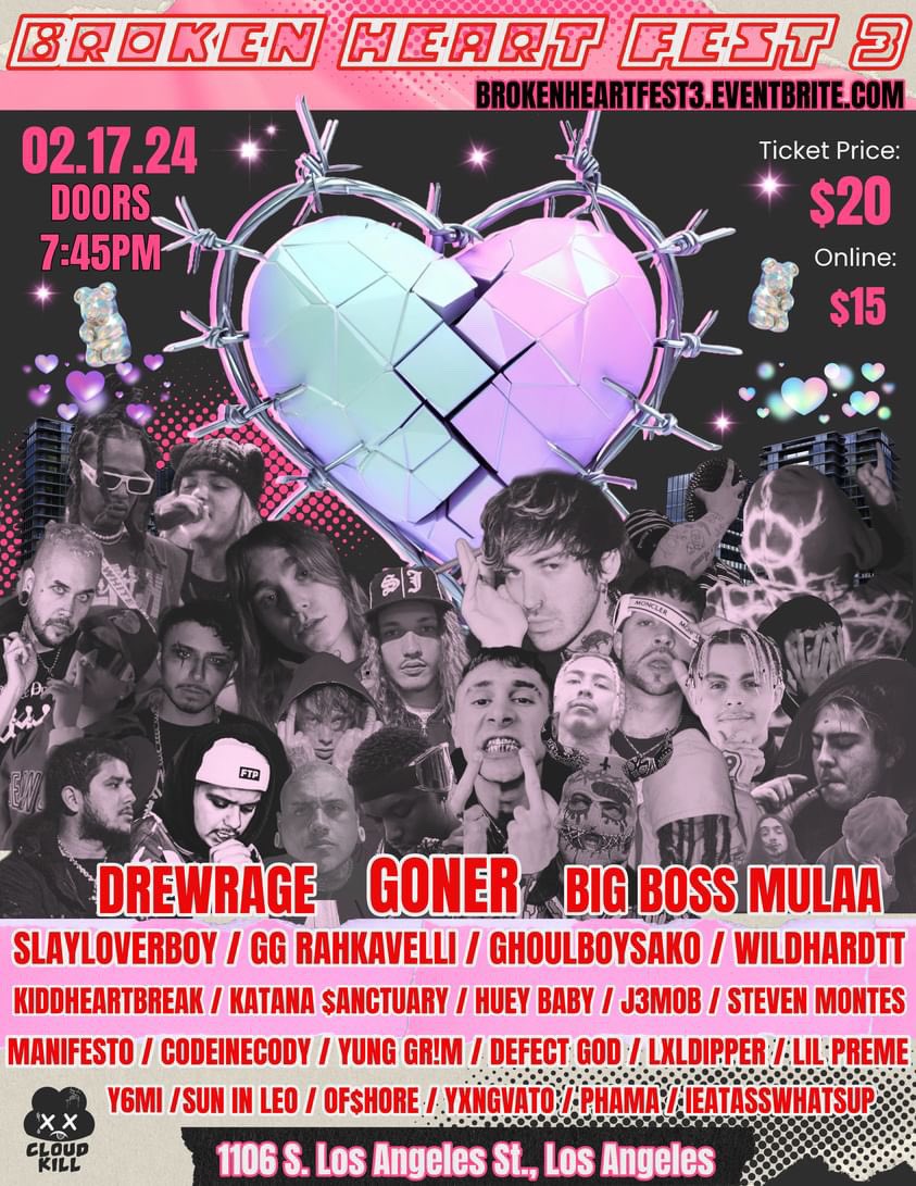 TONIGHT!! 💔🌙 Come join is at Broken Heart Fest 3! DTLA / Fashion District take over! Located in between Inflamed Studios and Flameboy Shop! 🔥 . Ticket link in bio almost SOLD OUT! #losangeles #cloudkillevents #emo #emogirl #goth #gothic #gothgirl #alternative #rap #emorap
