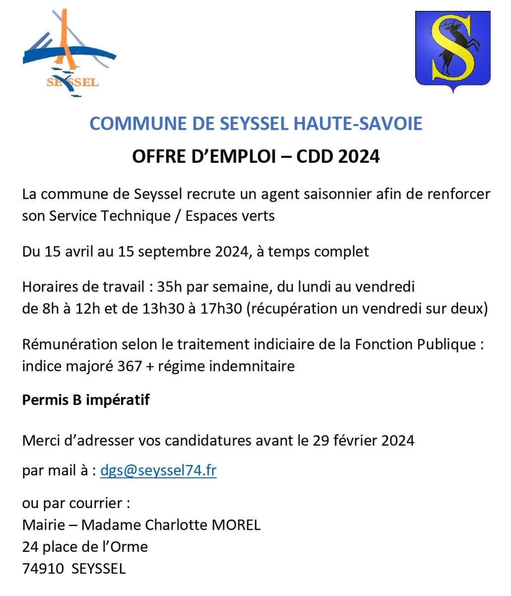 [EMPLOI] 📄🤝 La mairie de Seyssel recherche un agent saisonnier pour son Service Technique / Espaces verts