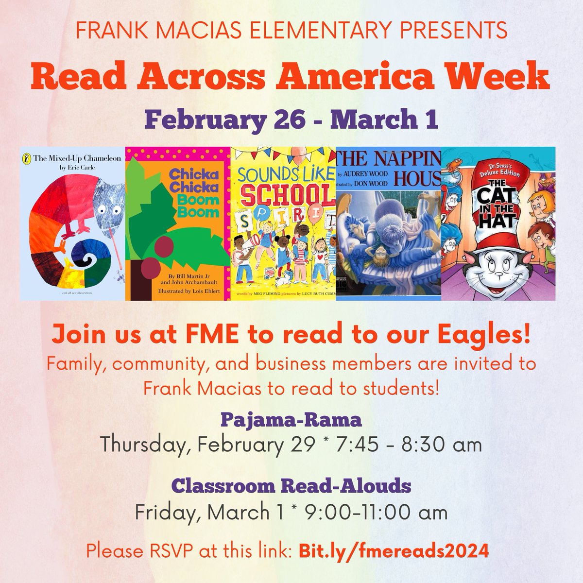Join us at FME to read to our Eagles! Family, community, and business members are invited to Frank Macias to read to students!
* Thursday, February 29 * 7:45 - 8:30 am
* Friday, March 1 * 9:00-11:00 am

Please RSVP at this link: Bit.ly/fmereads2024