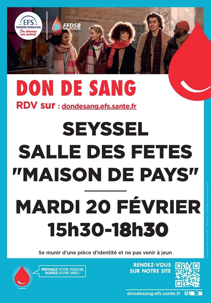 Prochaine collecte de sang le mardi 20 février 2024 - salle des fêtes de Seyssel Prise de RDV : dondesang.efs.sante.fr/trouver-une-co… 🩸 Votre soutien et votre engagement sont précieux @EFS_dondesang #DonDeSang #bénévolat #donneursdesang #santé #tousdonneurs #SauvezDesVies #devenezdonneurs