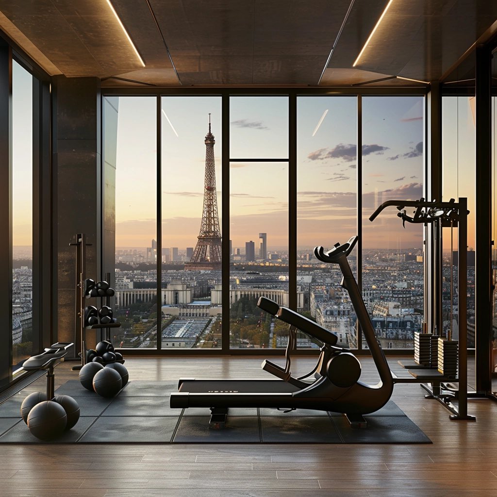 FBD_Agency's tweet image. &quot;Workout with a View: Parisian Elegance&quot; #LuxuryGym #ParisSkyline #EiffelTowerView #ModernFitness