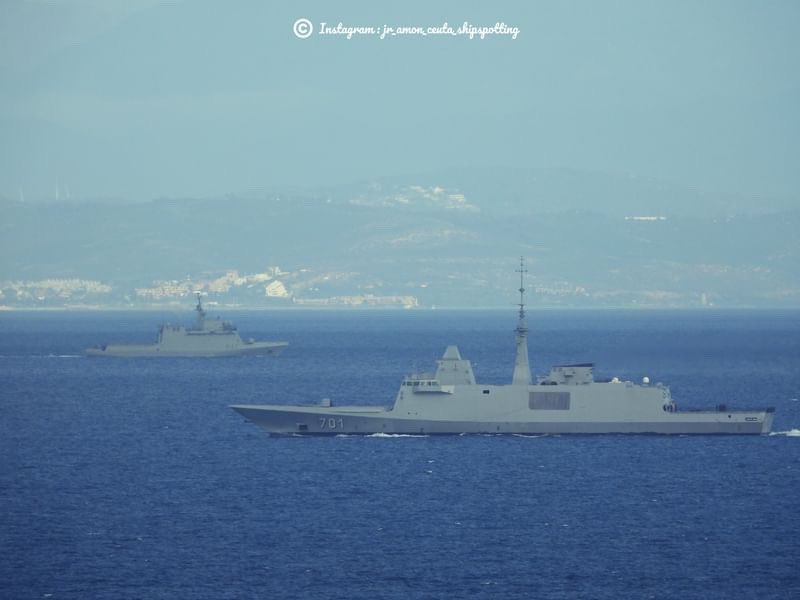 Royal Moroccan Navy FREMM frigate RMNS Mohammed VI  (701) westbound in the Strait of Gibraltar while Spanish Navy Meteoro-class offshore patrol vessel ESPS Meteoro (P-41) is eastbound - February 16, 2024 #rmnsmohammedvi #royalmoroccannavy

SRC: INST- jr_amon_ceuta_shipspotting