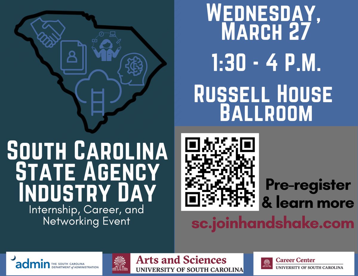 Calling all @UofSC students!📣 Join us for SC State Agency Industry Day to learn about internships, careers and networking from 30+ state agencies! We hope to see you Wednesday, March 27, 1:30-4 p.m. in the Russell House Ballroom. Register and learn more: bit.ly/3P7YZ8H