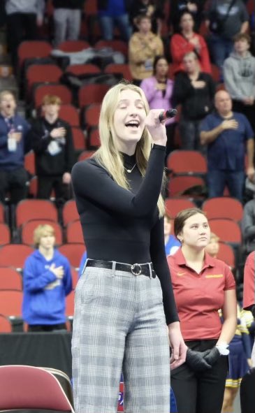 CONGRATULATIONS to vocalist Mackenzie Crawford from Sioux City East, and her director Abby Sheppard, on a wonderful performance on the National Anthem to open Session 9 of the State Wrestling Tournament!  Good luck to Mackenzie as she competes at State Speech in Ames today!!