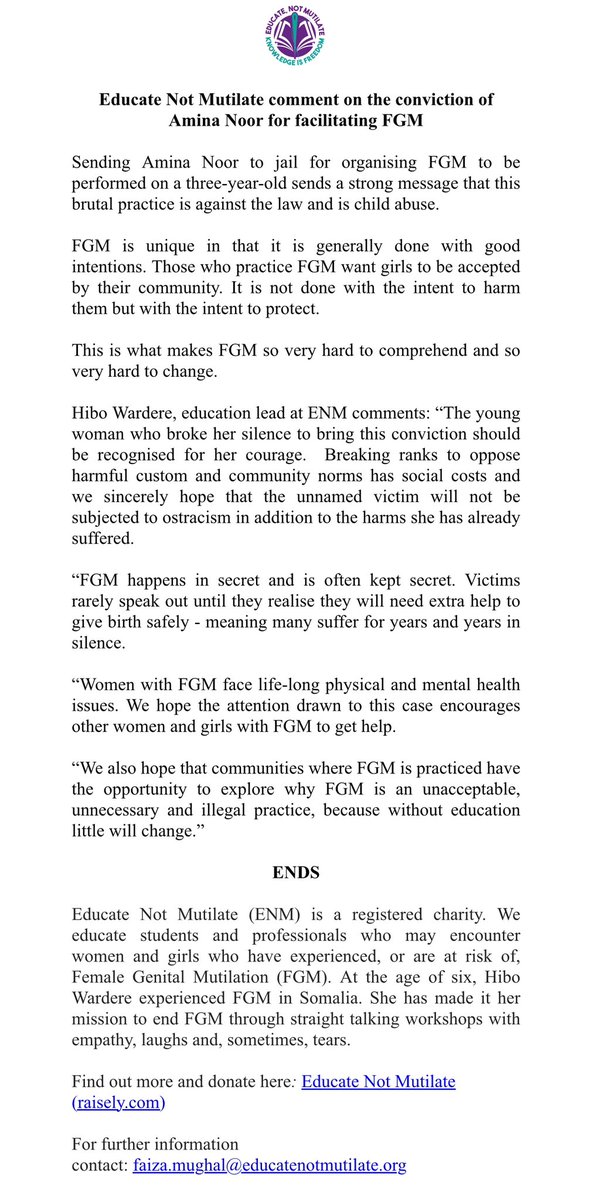 ENM comment on Amina Noor conviction: The young woman who broke her silence should be recognised for her courage. #nofgm @HiboWardere