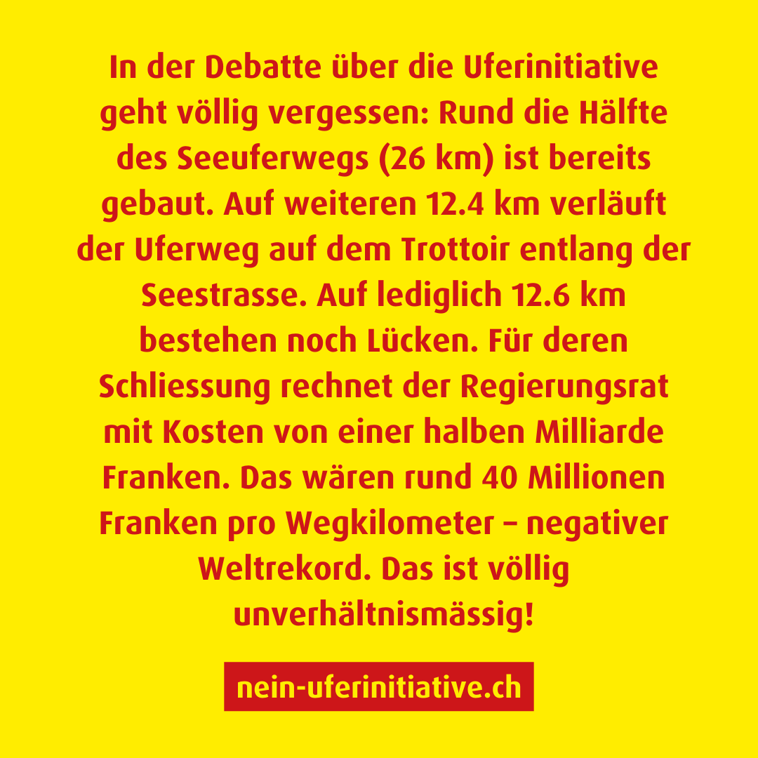 UferiniNein's tweet photo. Die Hälfte des Seeuferwegs ist bereits gebaut. Auf lediglich 12.6 km bestehen noch Lücken- hierfür eine halbe Milliarde aufzuwenden, also 40 Millionen pro Wegkilometer, ist unverhältnismässig. Darum am 03. März NEIN zur teuren Uferinitiative.

#Züriseegnüsse
#UferinitiativeNein https://t.co/zoeiaOv8s3