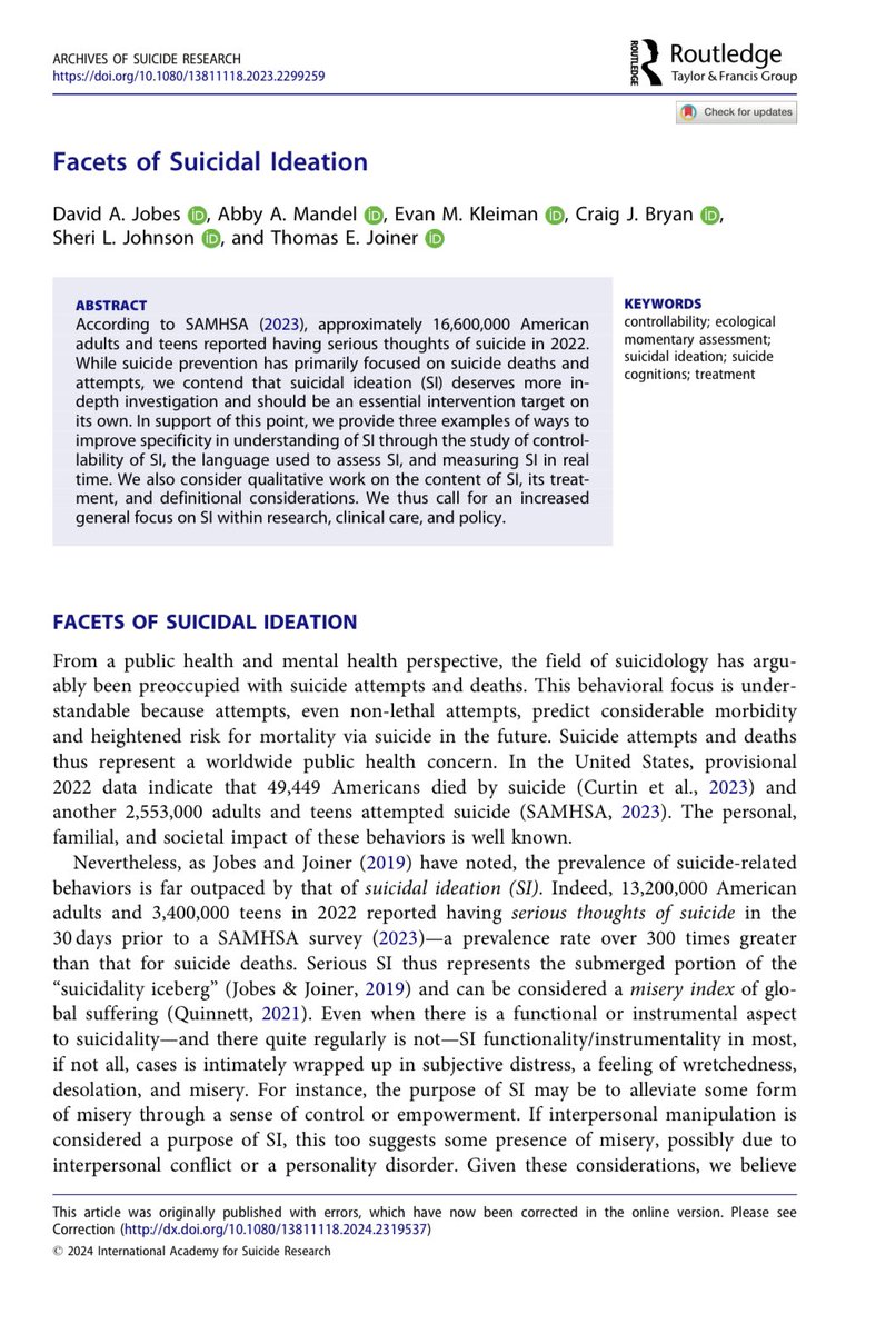 An important read from @lab_jobes and colleagues in Archives of Suicide Research “We thus call for an increased general focus on suicide ideation within research, clinical care, and policy.” tandfonline.com/doi/full/10.10…