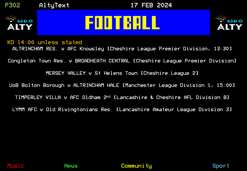 RadioAlty's tweet photo. #AltyText - Football. Here's today's fixtures for @AltrinchamRes, @bcfc1922, @MVFC1stTeam, @AltrinchamHale, @TimperleyVilla and @LymmAFC. #RadioAltySport https://t.co/E5KNaF21tf