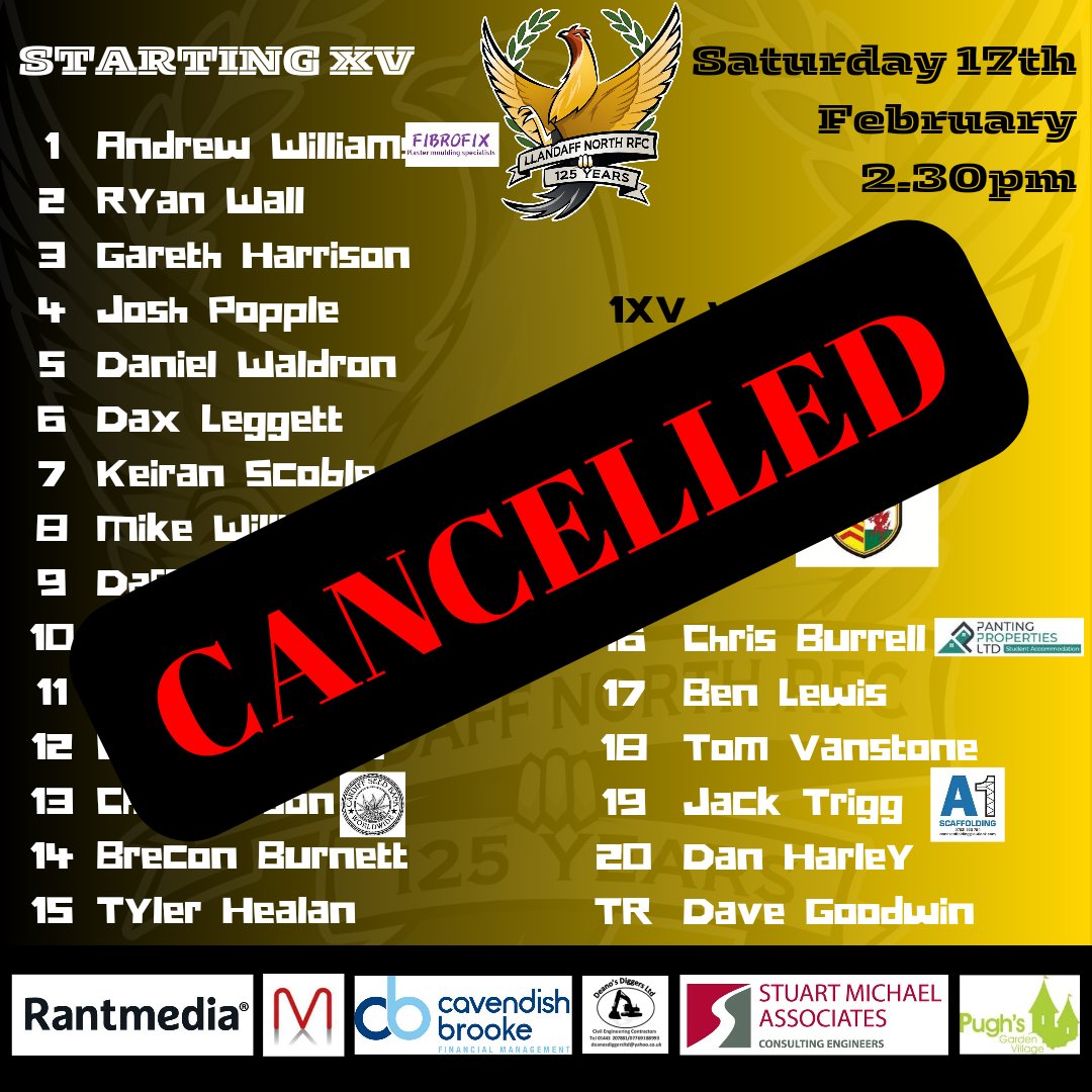 Unfortunately, the pitches have not improved sufficiently overnight and therefore are unplayable. Game cancelled. #northfamily @TonyrefailRFC ⚫️🟡