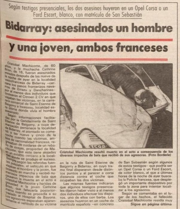 vctorst2's tweet photo. Un día como hoy de 1986 los #GAL ametrallaron en #Bidarray (#Francia) a la joven de 16 años CATHERINE BRION y a CHRISTOPHE MACHICOTTE.
Christophe murió en el acto.
Catherine murió poco después, durante su traslado al hospital.
Se "habían confundido", eso dijeron...
#MEMORIA https://t.co/Q3w9APqOOA