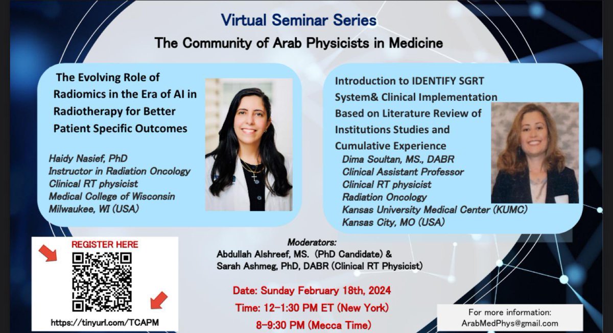 Tomorrow’s #ArabMedPhys seminar will be presented by @DrHaidyNasief & @Dima_Soultan. Join us as we review the use of #radiomics and #SGRT in #Radiotherapy! #MedPhys