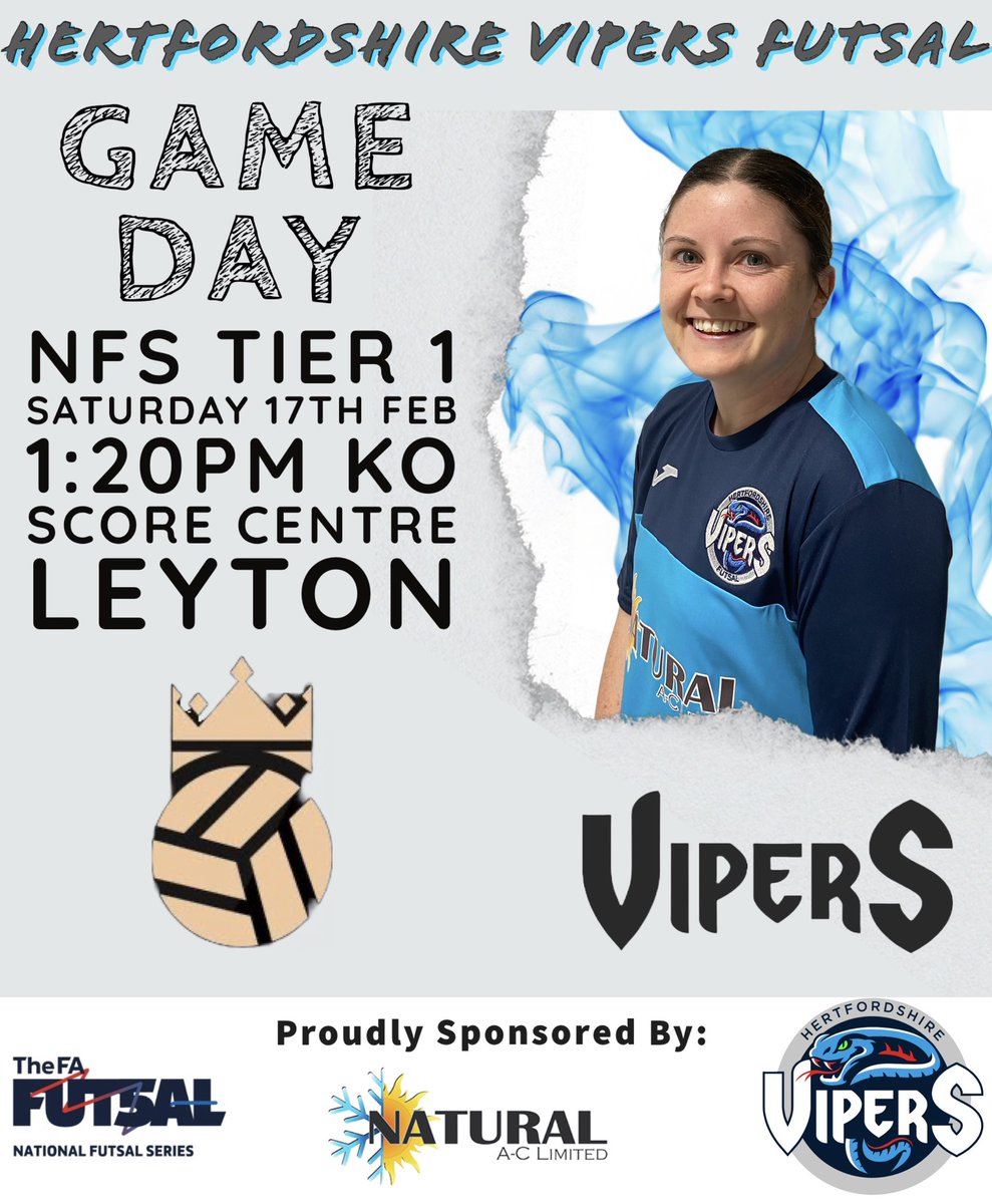 🔥MATCH DAY🔥

After a 3 week break we welcome <a href="/BloomsburyFTSL/">Bloomsbury Futsal</a> to Score centre Leyton 👍🏻

🏆<a href="/FA_NFS/">FA National Futsal Series</a> WSS Tier 1
🆚 <a href="/BloomsburyFTSL/">Bloomsbury Futsal</a> 
📍Leyton Score Centre
🕙 1:20pm KO
🎟 Free entry

All support greatly appreciated
Let’s go Vipers 🐍🙌🏻

#Vipers #womensfutsal