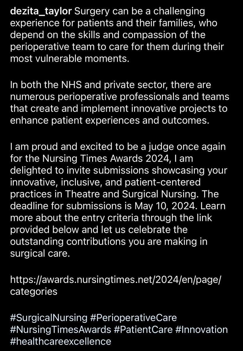 @Dezita_ODP 💙 (@dezita_odp) on Twitter photo Excited & proud to judge the <a href="/NursingTimes/">Nursing Times</a> #nursingtimesawards24. Share your innovative & patient-centred practices in Theatre & Surgical Nursing. Submission deadline: May 10, 24. Click the link below & showcase your contributions to surgical care awards.nursingtimes.net/2024/en/page/c… Excited & proud to judge the <a href="/NursingTimes/">Nursing Times</a> #nursingtimesawards24. Share your innovative & patient-centred practices in Theatre & Surgical Nursing. Submission deadline: May 10, 24. Click the link below & showcase your contributions to surgical care awards.nursingtimes.net/2024/en/page/c…
