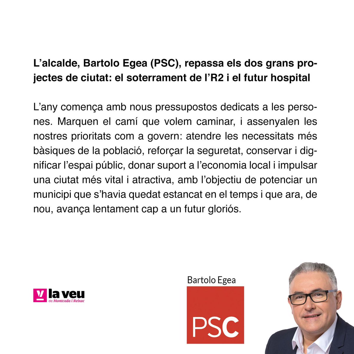 PSCMontcada's tweet image. 📰🗣️ Montcada i Reixac, en transformació

L'alcalde, Bartolo Egea, repassa els dos grans projectes de ciutat: el soterrament de l'R2 i el futur hospital

🗞️ Article d'opinió del mes de febrer de 2024 del grup municipal del #PSC en @laveudemontcada

❤️ #SomPSC #Transformant