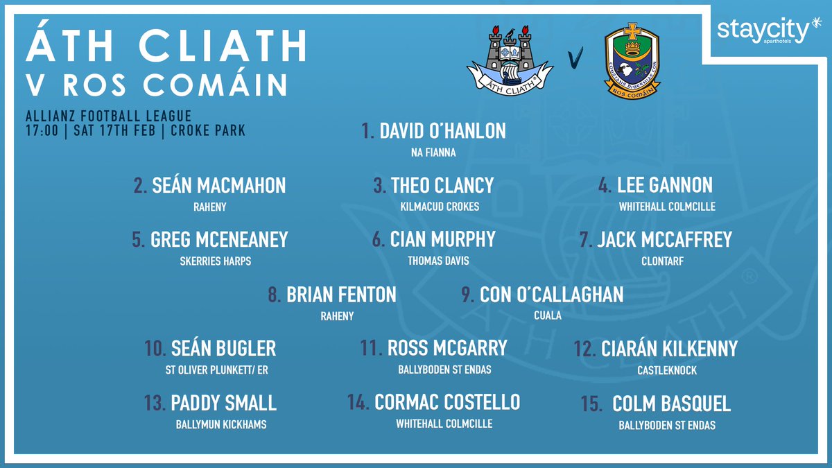 DubGAAOfficial's tweet photo. Here is the Dublin Senior Football team to face Roscommon in the Allianz League at Croke Park this evening. https://t.co/fJPlkopii5