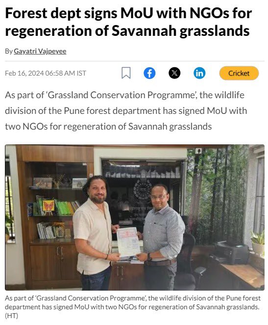 As a part of ‘Grassland Conservation Programme’, the wildlife division of the Pune forest department has signed MoU with ​⁠​⁠@atreeblr & along with us for Regeneration of Savannah Grasslands. Full article link - hindustantimes.com/cities/pune-ne…