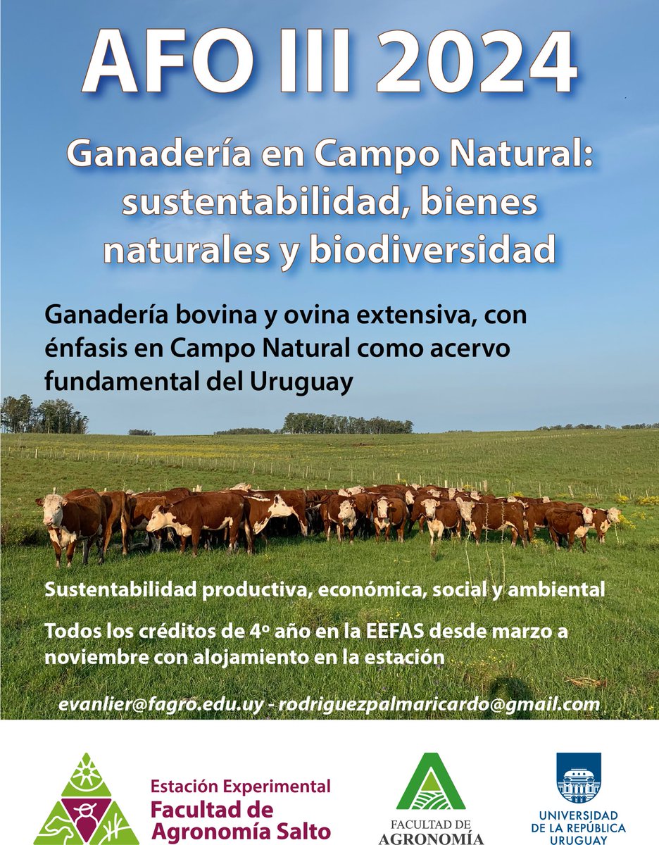 📢 ¡Atención estudiantes de 4to de Agronomía! 📢

Inscripciones del 22/2 al 28/2. 

El martes 20/2 habrá charla informativa:
fagro.edu.uy/index.php/noti… 

No se la pierdan 😊