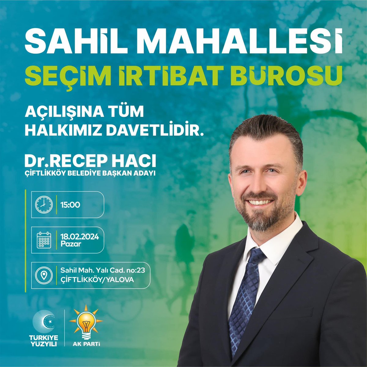 Sahil Mahallesi Seçim İrtibat Bürosu açılışımıza tüm dava arkadaşlarımız ve Çiftlikköy’lü hemşehrilerimiz davetlidir.

📍 Sahil Mahallesi / Yalı Caddesi
⌚ 15:00
🗓 18.02.2024 - Pazar
