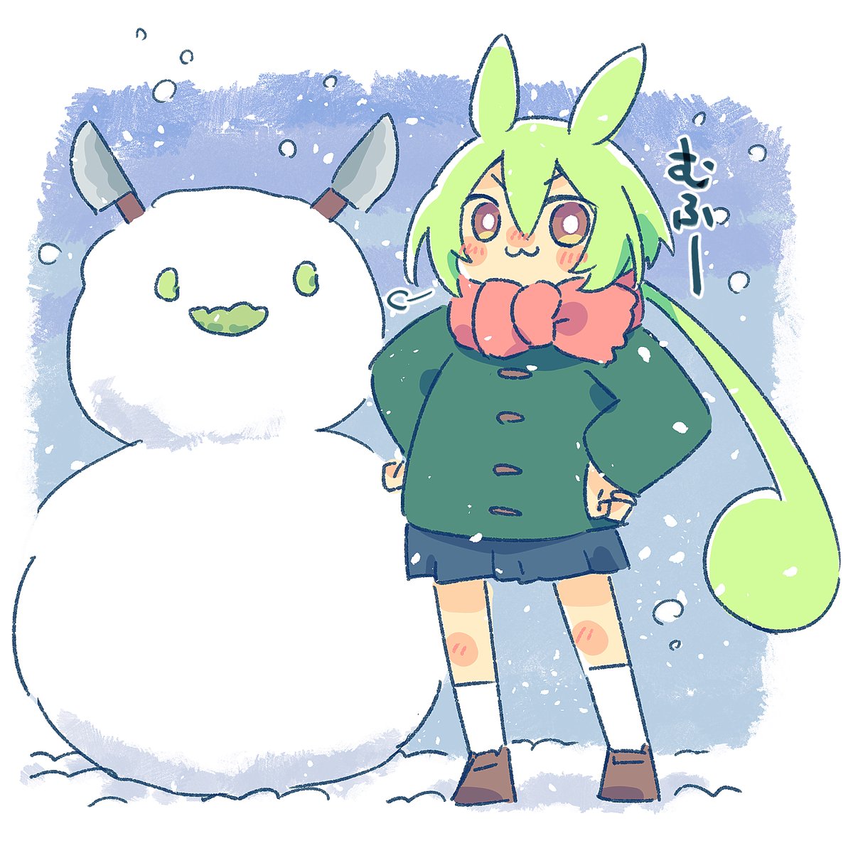 zundamon 1girl green hair scarf snowman skirt green jacket hands on hips  illustration images