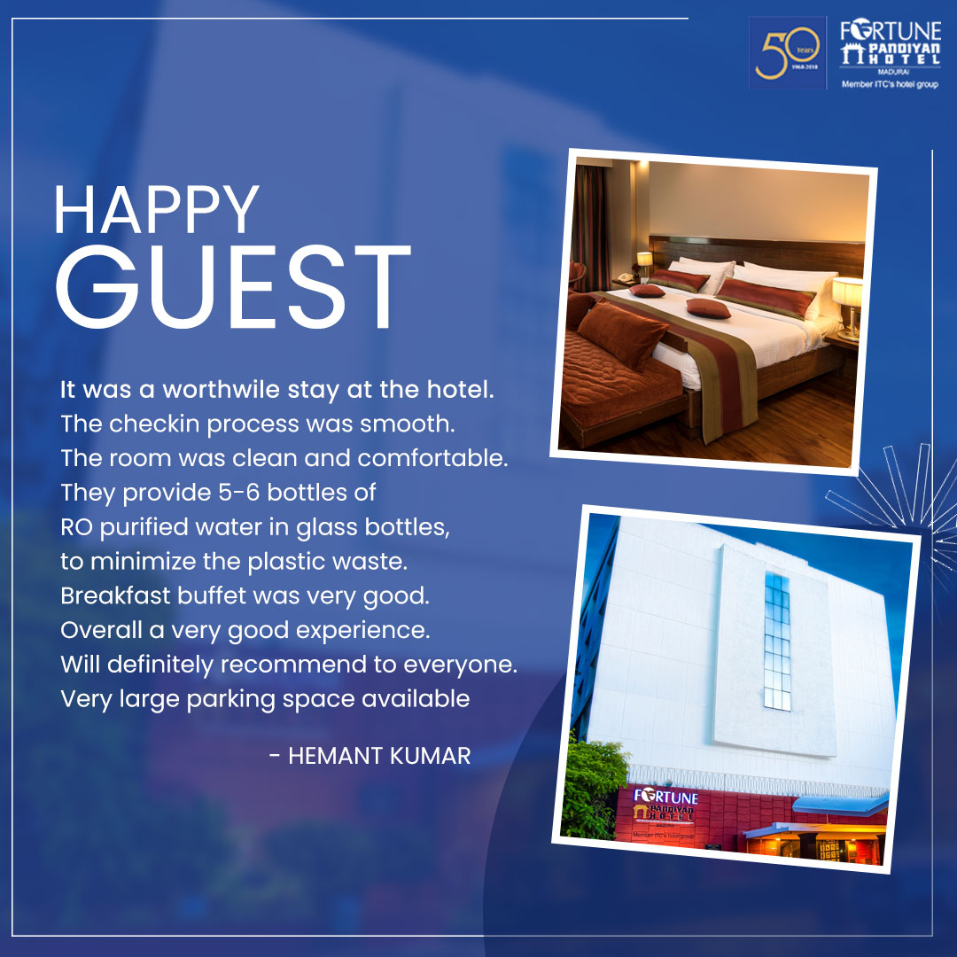Our Happy Guest Speaks!!!

📍Race Course, Madurai, India, Tamil Nadu
📱0452 254 5678
🌐fortunepandiyanhotel.com
.
.
.
#FortunePandiyan #HotelFortunePandiyan #FortunePandiyanMadurai #Madurai #ITCHotels #HotelAccommodation #Hotel #Restaurant #testimonial #happyguest