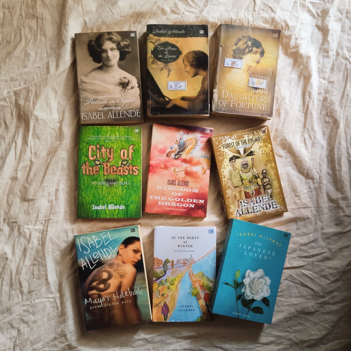Ini adalah karya-karya Isabel Allende versi terjemahan Bahasa Indonesia yang sepertinya aku sudah lengkap. Sepertinya ya. Kalau ada judul yang belum aku punya, tolong kasih tau 😁 Kapan dibacaaaa??? Kapan-kapaaaannnn 🤣🤣🤣

#isabelallende 
#bookstagram