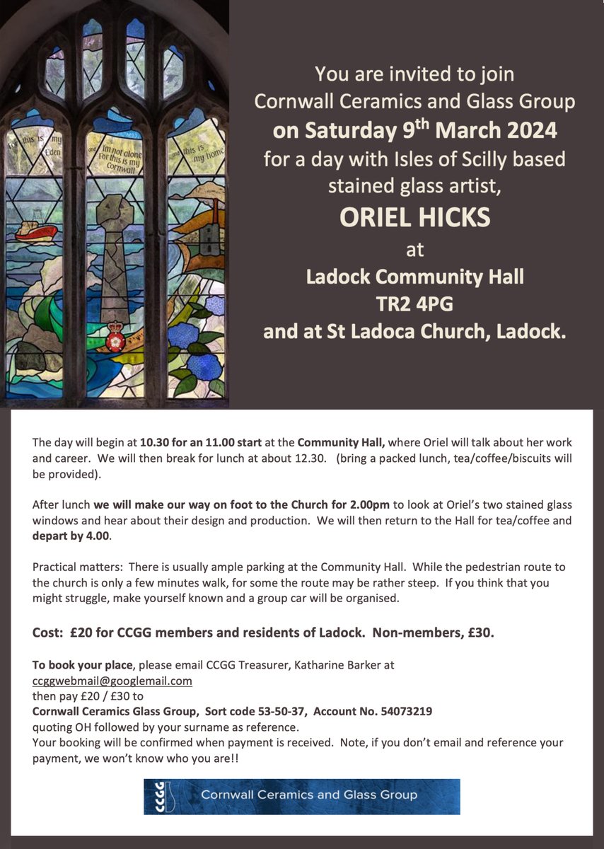 Please join us and stained glass artist, Oriel Hicks at Ladock, Cornwall on Saturday 9 March, non-members welcome.  See below or cggwebmail.wixsite.com/news for details.
#StainedGlassEveryday #Cornwall #Ladock #stainedglass
@NellytheWillow