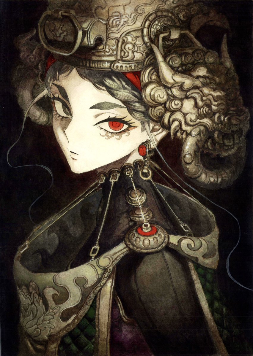 solo 1girl red eyes horns jewelry heterochromia looking at viewer  illustration images