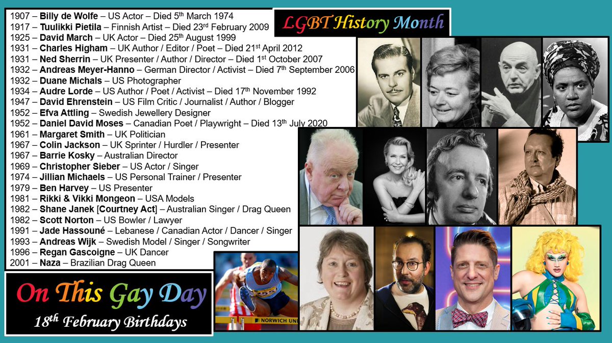 It'd be a great idea during #LGBTHistoryMonth for everyone to check other #LGBTQIA+ people who share their birthday & get to know about each
I'll be listing all #LGBT people who were born & died in February
Here's the list of those born on 18th February #QueerHistory #LGBTHistory